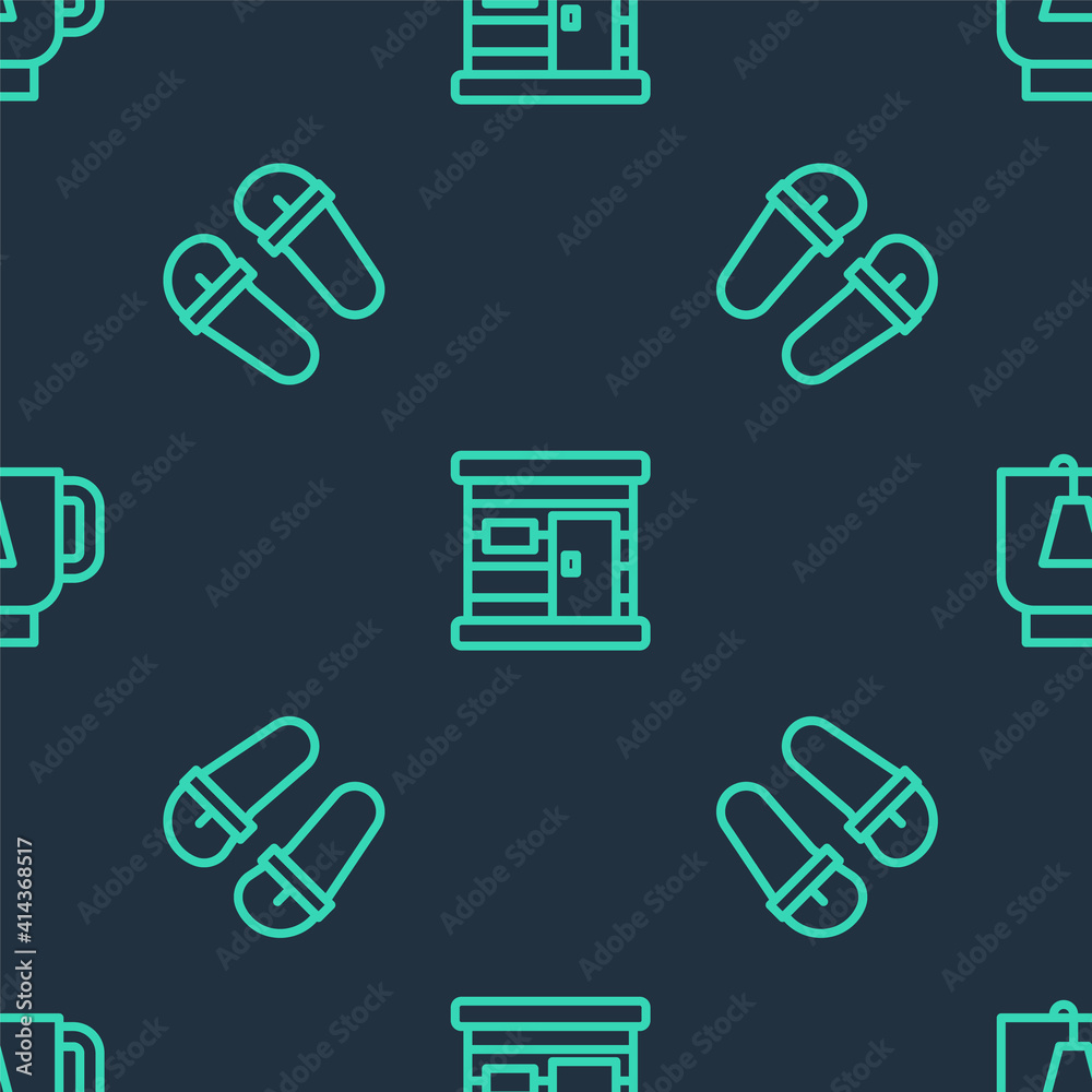 Set line Sauna wooden bathhouse, Flip flops and Cup of tea with tea bag on seamless pattern. Vector. Set line Sauna wooden bathhouse, Flip flops and Cup of tea with tea bag on seamless pattern. Vector.