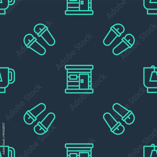 Set line Sauna wooden bathhouse, Flip flops and Cup of tea with tea bag on seamless pattern. Vector.