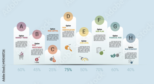 Infographic Risk Management template. Icons in different colors. Include Market Trend, Risk Investment, Capital, Identification and others.