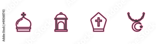 Set line Church tower, Pope hat, Muslim Mosque and Star and crescent on chain icon. Vector.