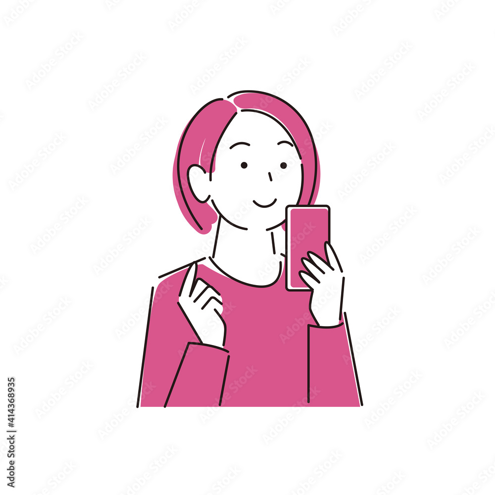 スマートフォンを操作している笑顔の女性 シンプル イラスト ベクター Smile woman operating a smartphone Simple illustration vector スマートフォンを操作している笑顔の女性 シンプル イラスト ベクター Smile woman operating a smartphone Simple illustration vector