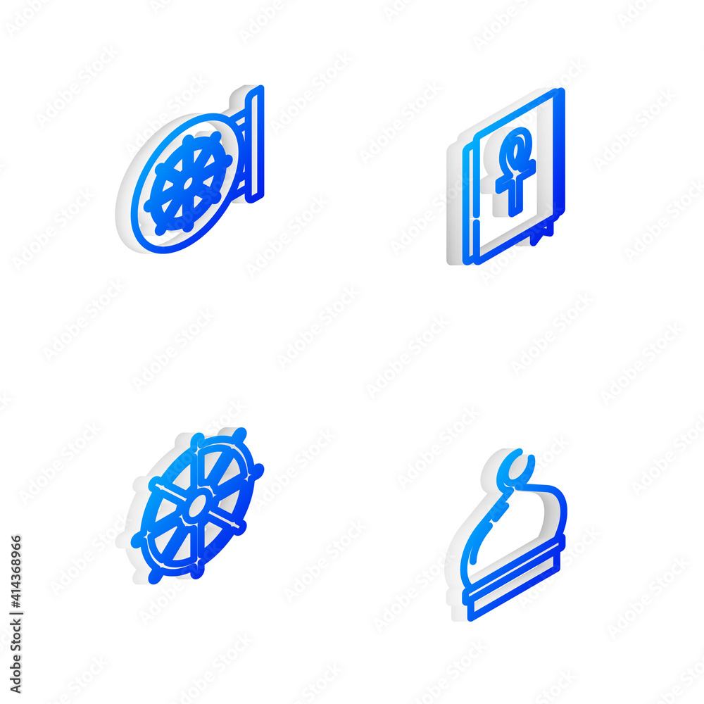 Set Isometric line Cross ankh book, Dharma wheel, and Muslim Mosque icon. Vector.