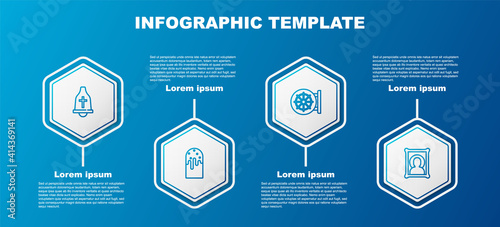 Set line Church bell, Easter cake, Dharma wheel and Christian icon. Business infographic template. Vector.