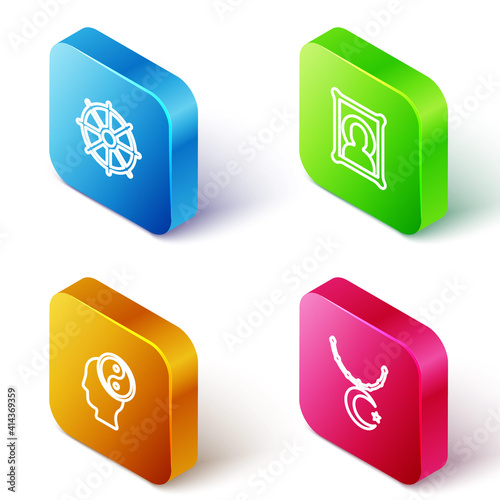 Set Isometric line Dharma wheel, Christian icon, Yin Yang and Star and crescent chain icon. Vector.