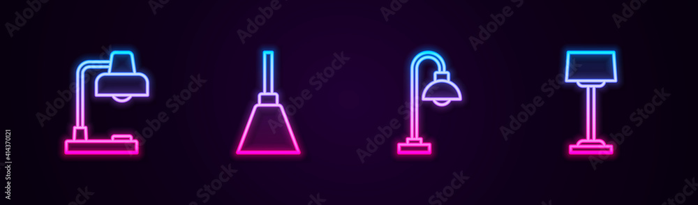 Set line Table lamp, Chandelier, Floor and . Glowing neon icon. Vector. Set line Table lamp, Chandelier, Floor and . Glowing neon icon. Vector.