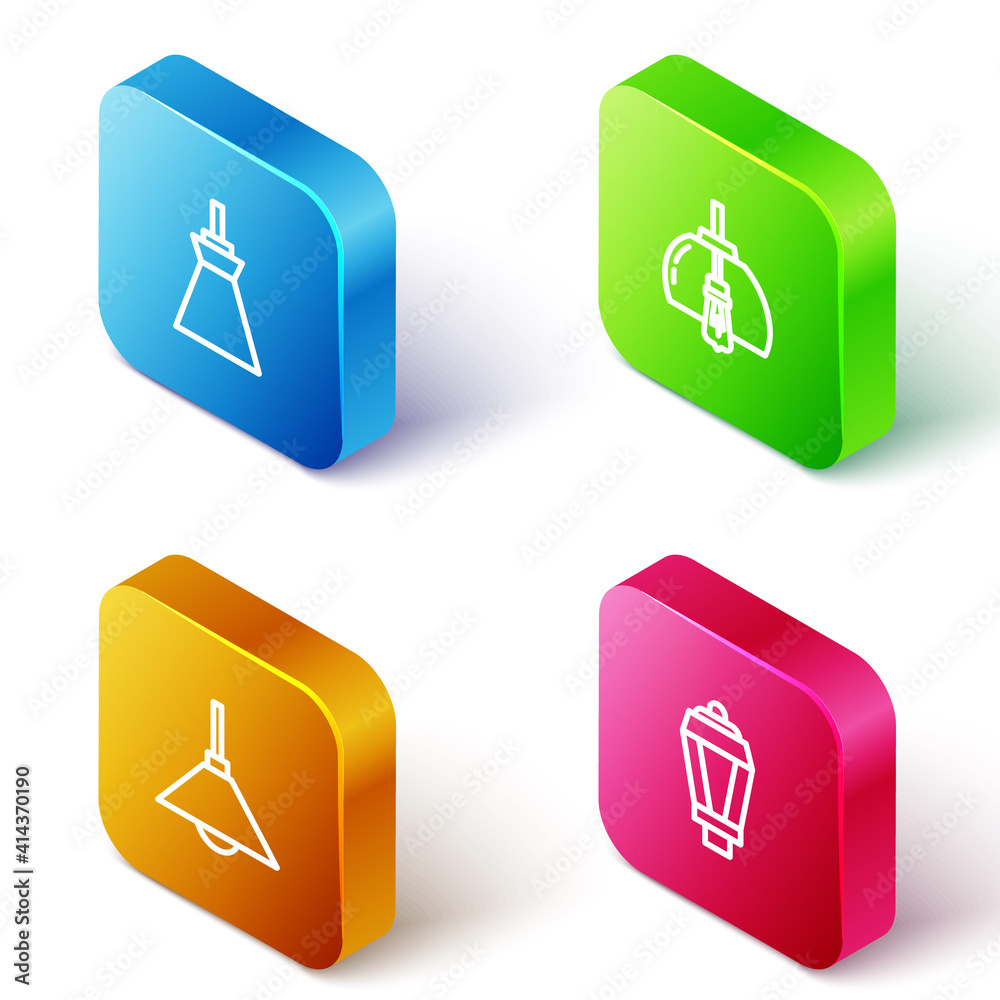Set Isometric line Lamp hanging, Chandelier, and Garden light lamp icon. Vector. Set Isometric line Lamp hanging, Chandelier, and Garden light lamp icon. Vector.