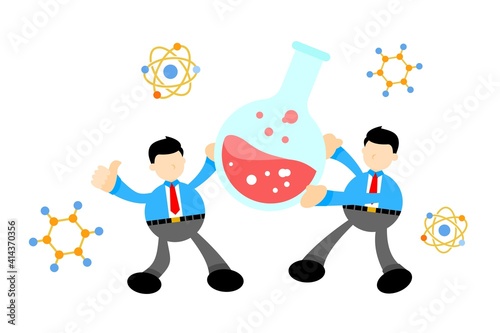 businessman worker and experiment laboratory flask research science cartoon doodle flat design style vector illustration