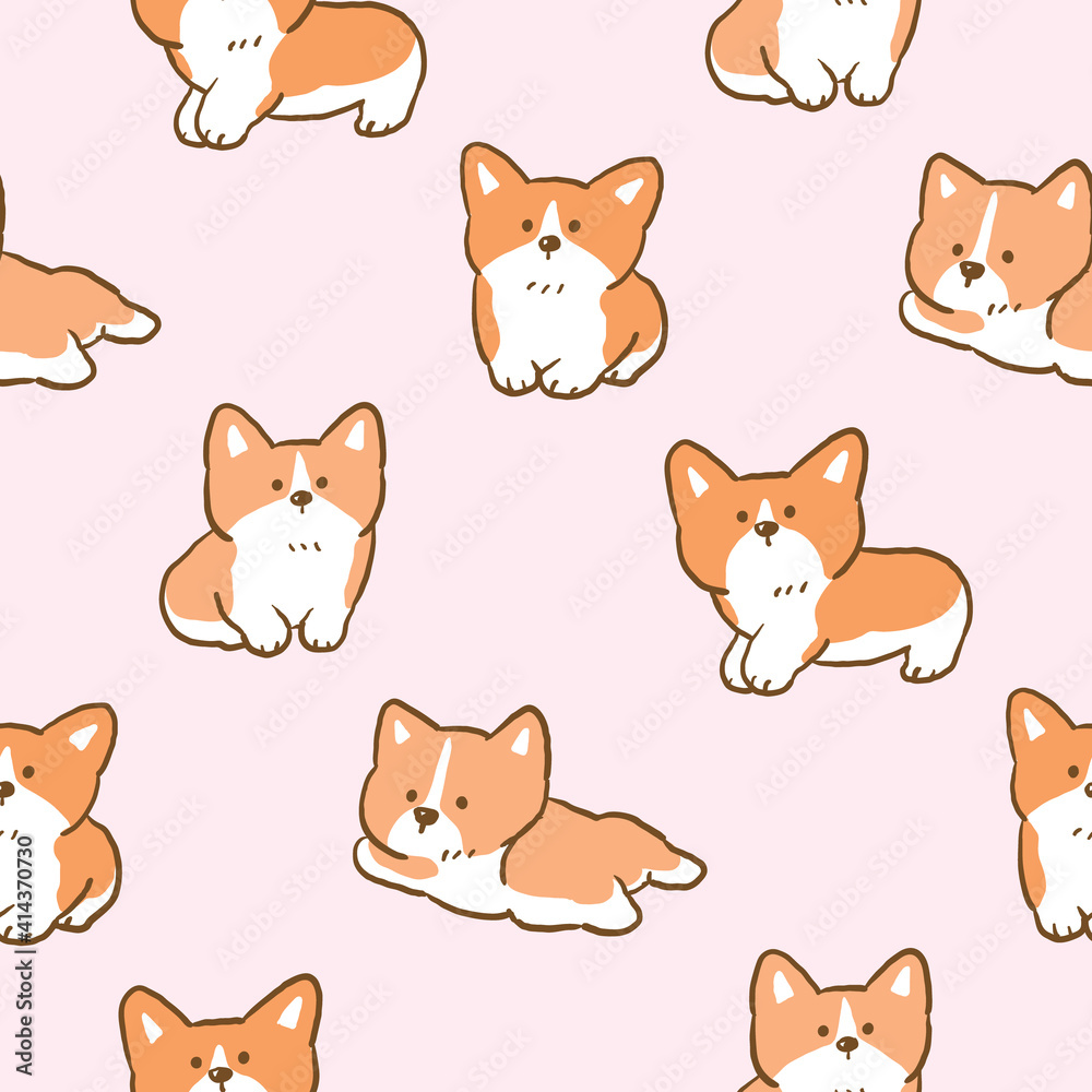 Seamless Pattern with Cute Cartoon Corgi Dog Illustration Design on Light Pink Background Seamless Pattern with Cute Cartoon Corgi Dog Illustration Design on Light Pink Background