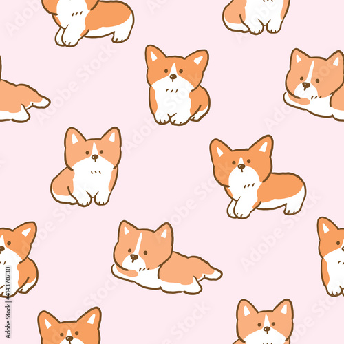 Seamless Pattern with Cute Cartoon Corgi Dog Illustration Design on Light Pink Background