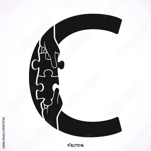 Cooperation Abstract Vector Sign, Symbol or Logo Template. Letter C Concept. Isolated. Hand of business man connecting puzzle elements , team work.