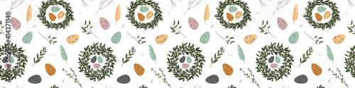 Spring seamless pattern. Cute easter egg, nest, feather, branch, leaves. Eco rustic decoration. Vector flat cartoon illustration. Perfect for textile, wrapping paper