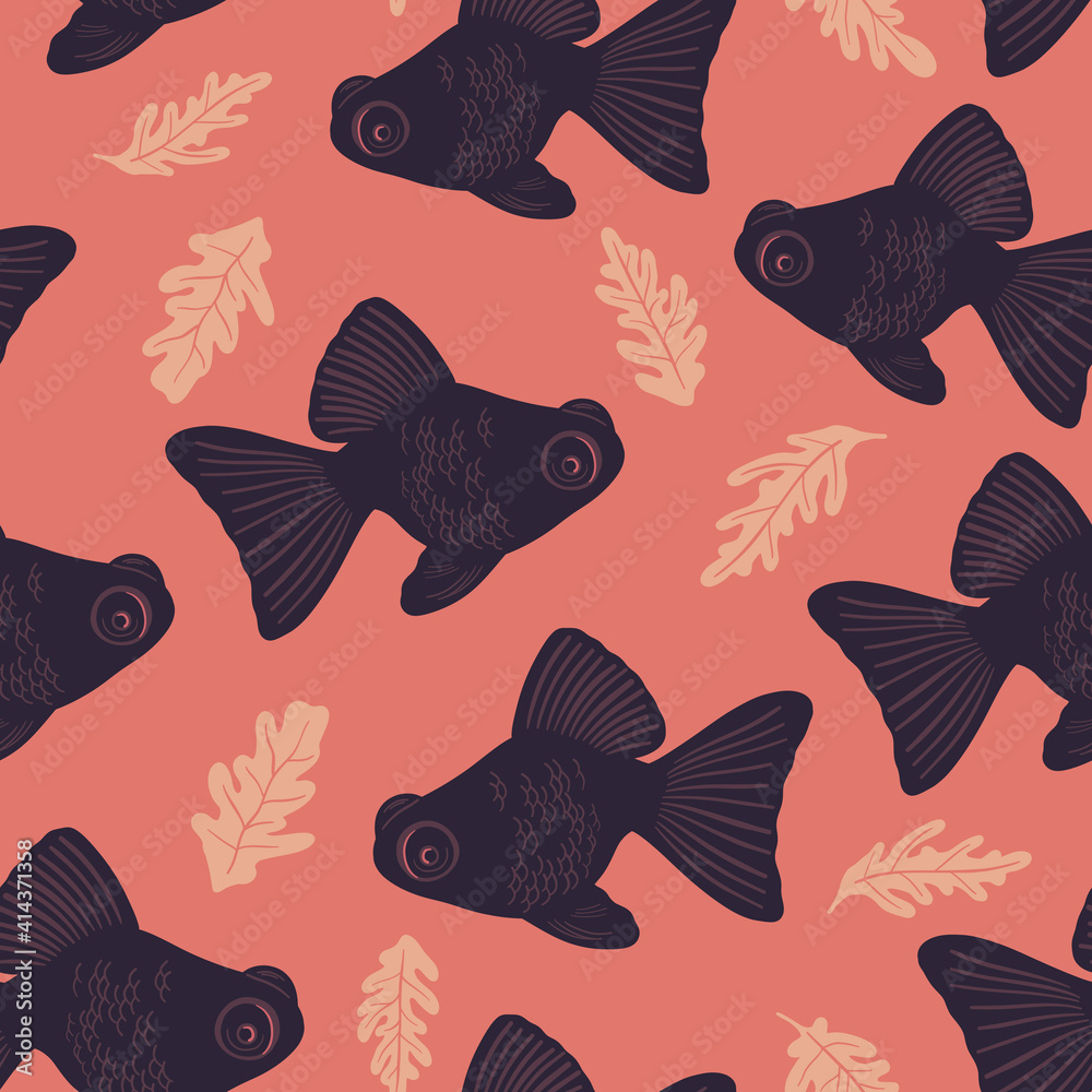Vector seamless marine pattern with fish, coral, shell, starfish. Ocean lofe and sea creatures or animals. Nautical background