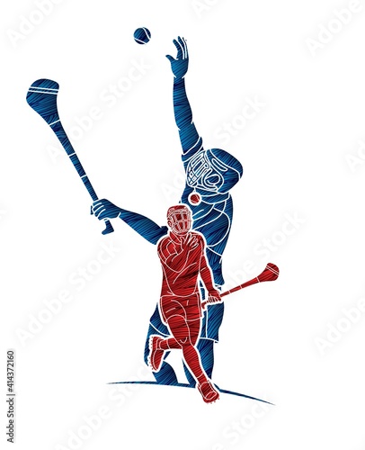 Irish Hurley Sport. Group of Hurling Sport Players Action. Cartoon Graphic Vector