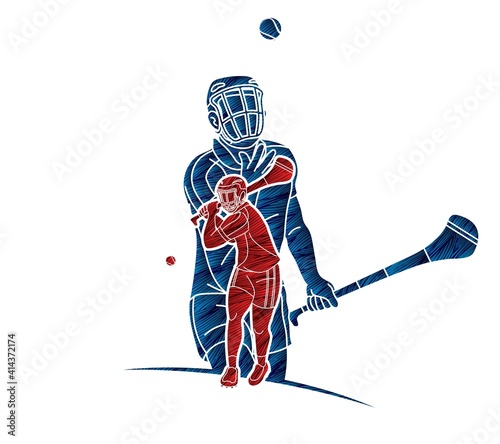 Irish Hurley Sport. Group of Hurling Sport Players Action. Cartoon Graphic Vector