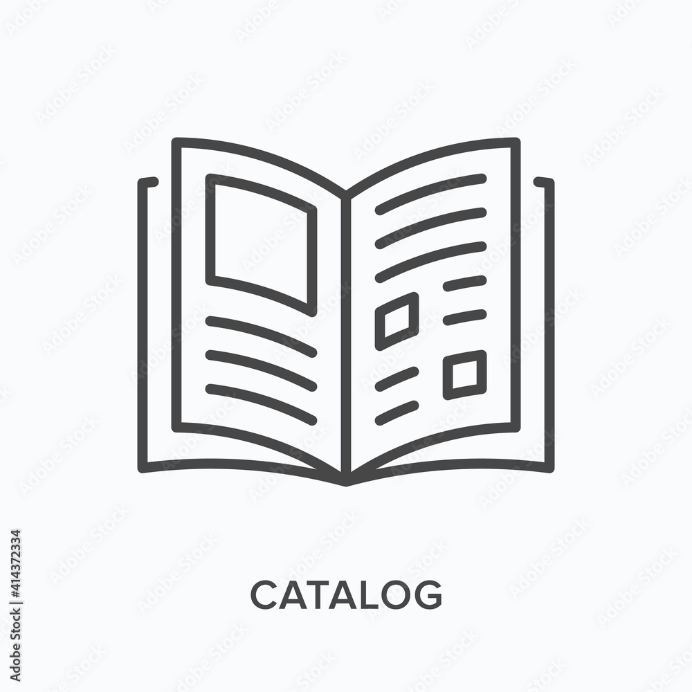Catalog flat line icon. Vector outline illustration of open book. Black thin linear pictogram for paper magazine Catalog flat line icon. Vector outline illustration of open book. Black thin linear pictogram for paper magazine