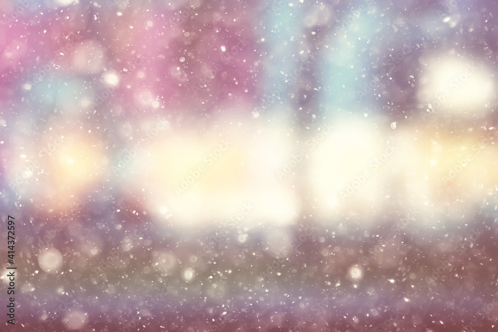 colorful background snow snowfall evening christmas lights, soft light blurry