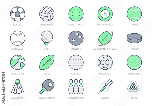 Sport balls line icons. Vector illustration with minimal icon - soccer, rugby, basketball, table tennis racquet, ice hockey puck, bowling, softball equipment. Green Color. Editable Stroke