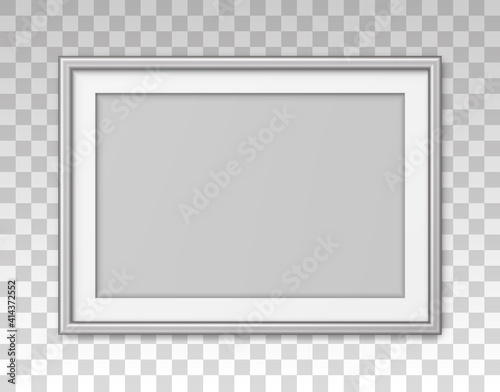 Mockup silver frame photo on wall. Mock up picture framed. Horizontal boarder with shadow. Empty photoframe isolated on transparent background. Design border prints poster and painting image. Vector