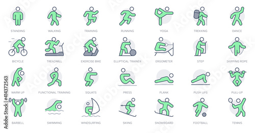 Sport people simple line icons. Vector illustration with minimal icon - exercise, yoga, active man, running, treadmill, fitness, aerobic, snowboard pictogram. Green Color. Editable Stroke