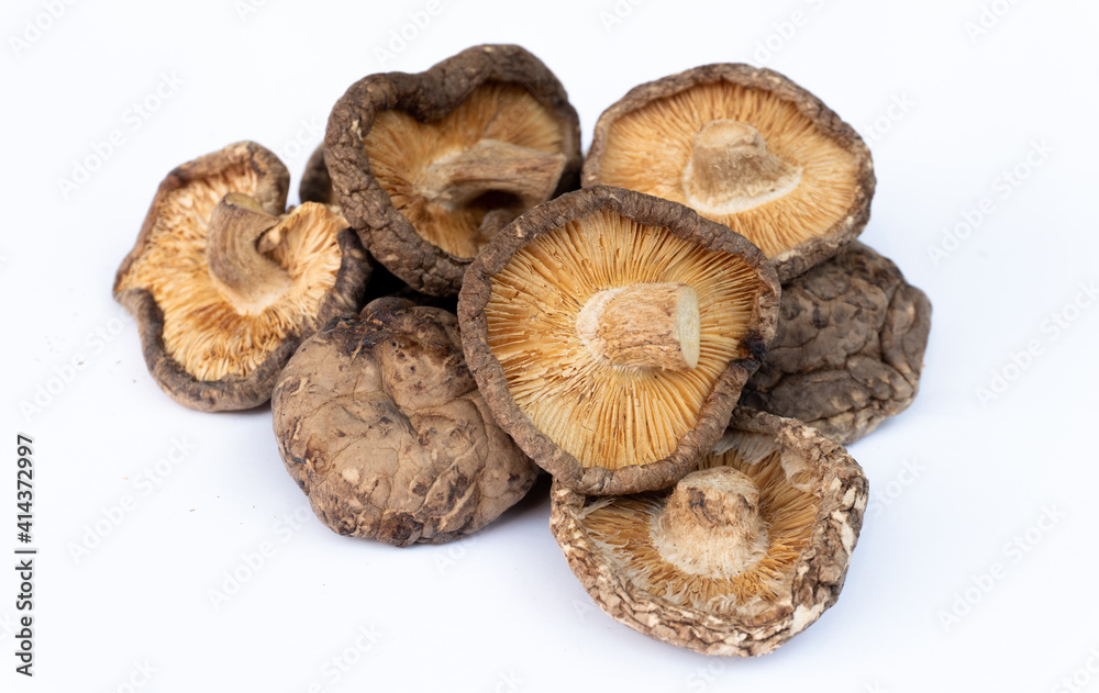 A pile of dried shiitake mushrooms on a white background. A pile of dried shiitake mushrooms on a white background.