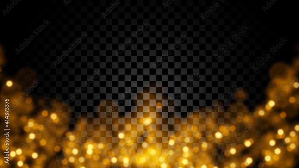 Sparkling golden particles. Glowing bokeh, glitter lights  texture isolated on dark transparent background	
