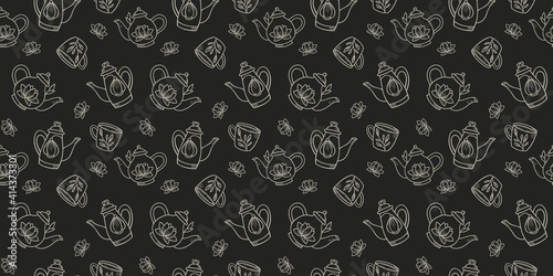 Teapots seamless repeat pattern design, background.
