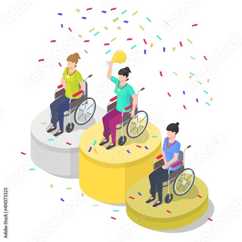 Happy female athletes in wheelchairs with trophy cup, medals on winner podium, flat vector illustration. Isometric top three competitors of sport event celebrating victory. Disabled people lifestyle.