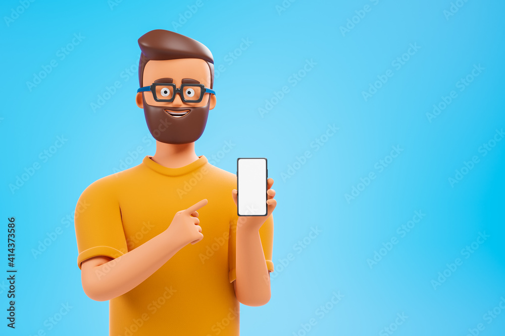 Beard cartoon character man in yellow t-shirt show smartphone, pointing to  white blank screen with finger over blue background. Mobile app  recommendation. Stock Illustration | Adobe Stock