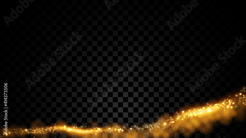 Gold particle dust isolated on dark transparent background. Defocused glitter light texture.