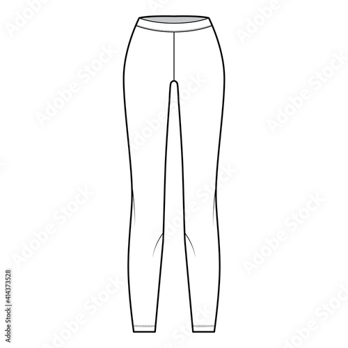 Leggings knit pants technical fashion illustration with low waist, rise, full length. Flat sport training, casual bottom trousers apparel template front, white color. Women men unisex CAD mockup