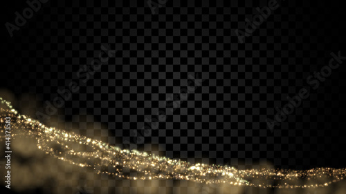 Gold particle dust isolated on dark transparent background. Defocused glitter light texture.