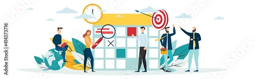 Planning for the week. human characters make up an online timetable on a tablet. design of business task schedules. Business concept. The calendar. Vector.