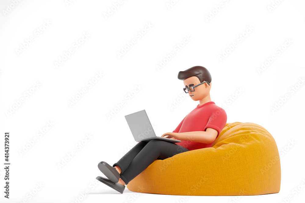 Young cartoon character man in red t-shirt work with laptop at yellow bean  bag armchair isolated over white background. Stock Illustration | Adobe  Stock