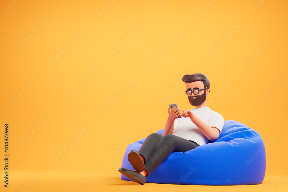 Handsome cartoon beard character man in white t-shirt relax at blue bean bag  armchair and use smartphone over yellow background. Stock Illustration |  Adobe Stock
