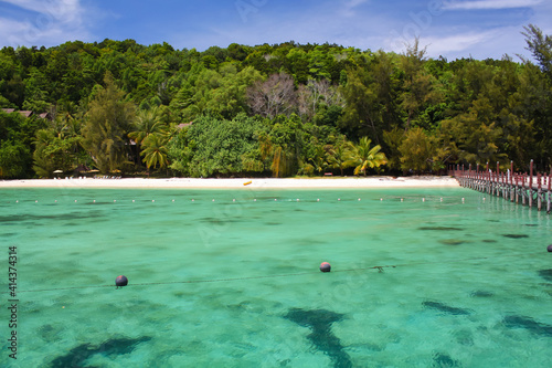 Transparent turquoise sea water in the foreground, tropical vegetation jungle in the background © KANSTANTSIN