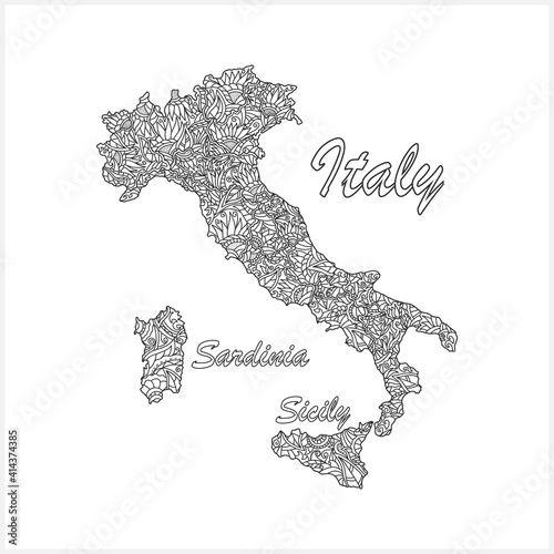 Doodle Italy map. Eco design. Coloring page book. Hand drawing line art. Sketch vector stock illustration. EPS 10