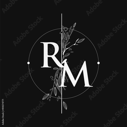Letter RM Initial Logo with Hand Draw Floral, Initial Wedding Font Logo with Circle and Flowers.