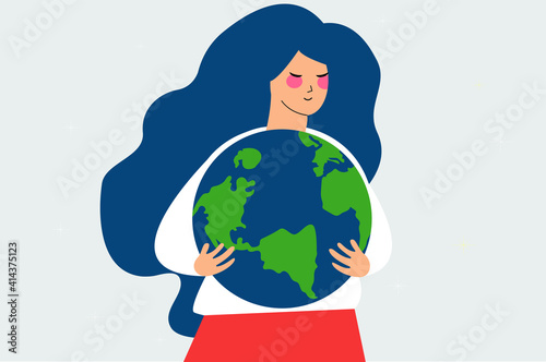Flat young female character embraces and holds the earth. Woman cares the green planet. Illustration of Earth day and saving planet. Nature and environment protection and energy saving concept. Vector