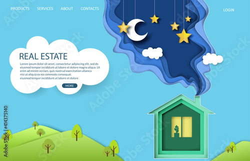 Real estate landing page design, website banner template. Vector illustration in paper art style. Mortgage loan, real estate investments.