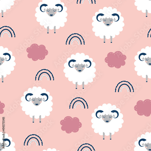 seamless pattern with cute sheep and rainbow