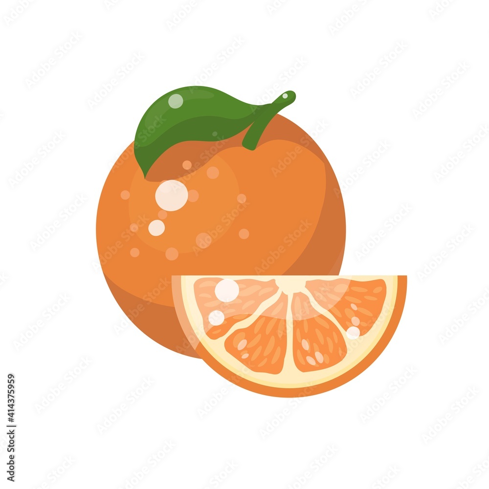 Orange fruit with leaf. Whole and slice. Vector illustration isolated ...