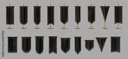 Pennant flags of black and gold colors mockup, blank vertical banners on flagpole and hanging with different edge shapes. Isolated medieval heraldic empty ensigns. Realistic 3d vector illustration set