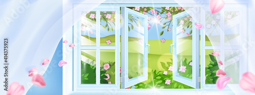Opened plastic spring window vector background, petals, curtains, green hills, countryside view. Fresh rural air floral aroma breeze illustration, pink flowers, leaves. Opened window frame landscape