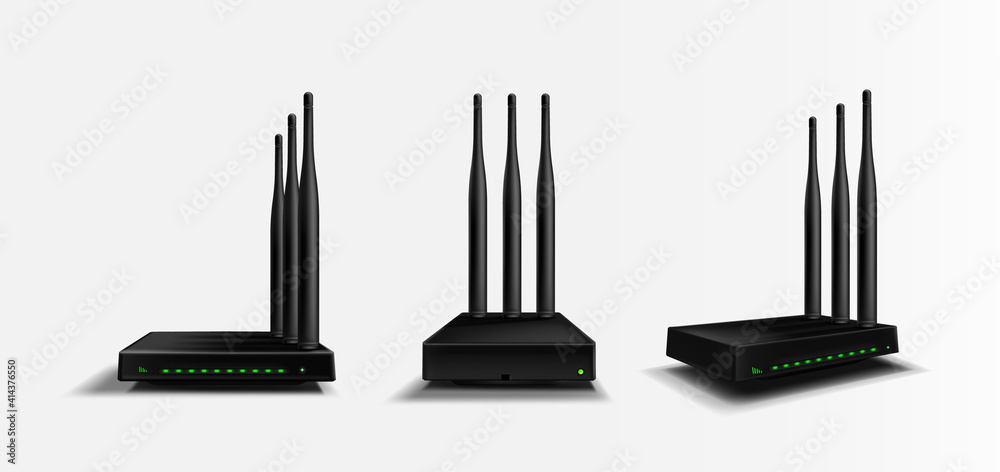 Wifi router front, angle and side view mockup, black home device with ...