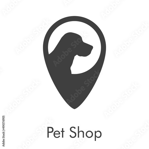 Logotipo con frase Pet Shop con silueta de cabeza de perro golden retriever en puntero de posición en color gris