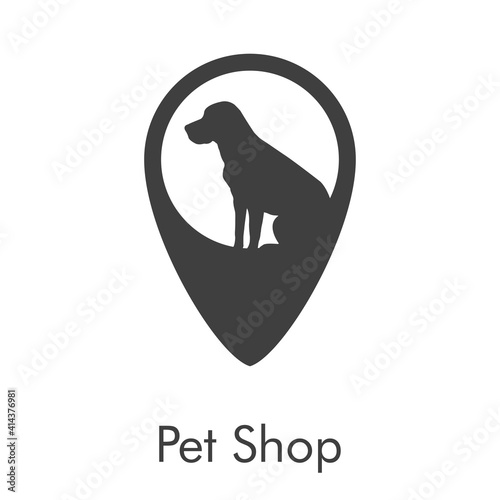 Logotipo con frase Pet Shop con silueta de perro golden retriever sentado en puntero de posición en color gris photo