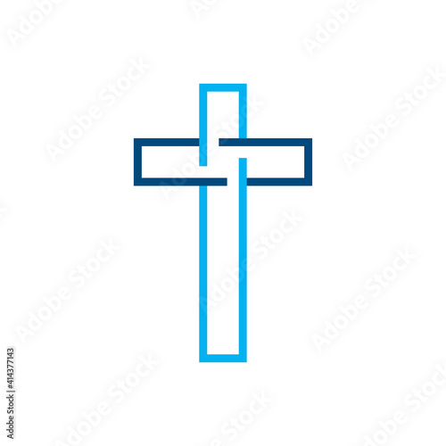 Símbolo cristiano. Logotipo con contorno de cruz con lineas en color azul