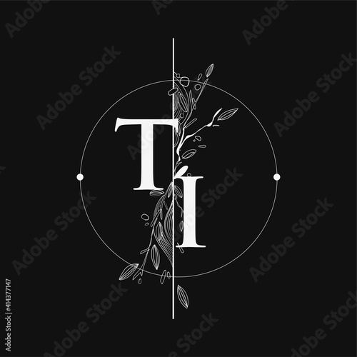 Letter TI Initial Logo with Hand Draw Floral, Initial Wedding Font Logo with Circle and Flowers.