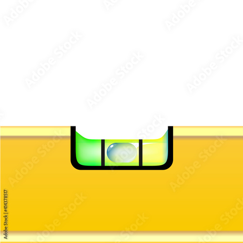 Construction bubble level yellow macro tool isolated on white background. Instrument, realistic with green bubble, Ruler engineering equipment. Vector illustration.