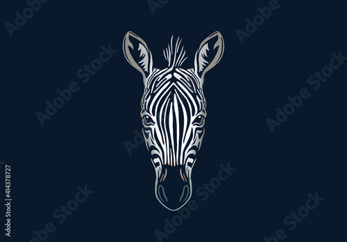 Zebra head illustration, vector, hand drawn, isolated on black background, african animal